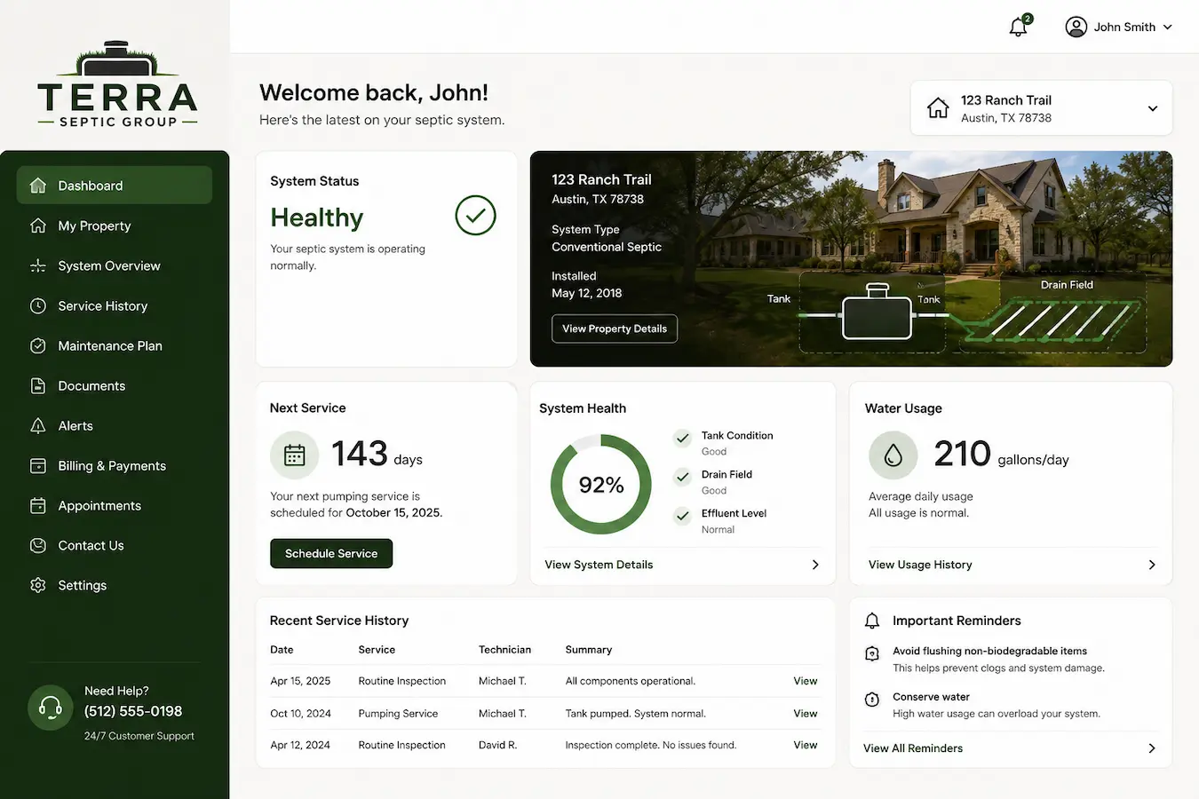 Owner-operator dashboard showing system status, service history, and account overview.