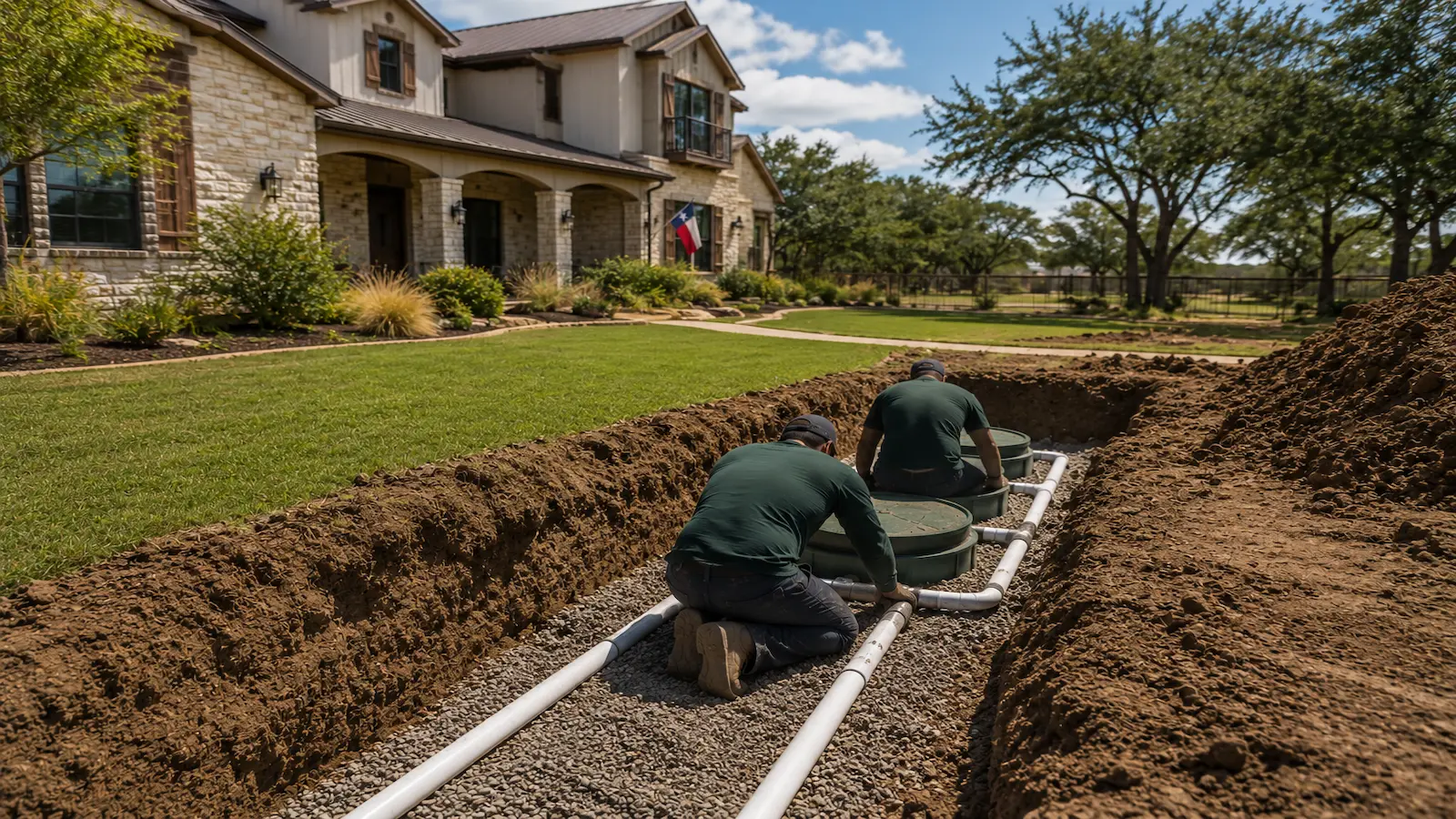 Field crew installing a drain field at a residential jobsite.
