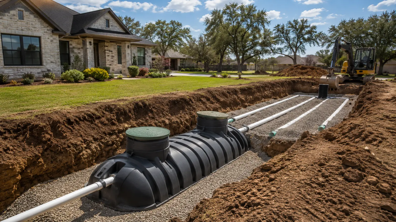 Septic system installation at a residential property — tank set in place, drain field laid out.